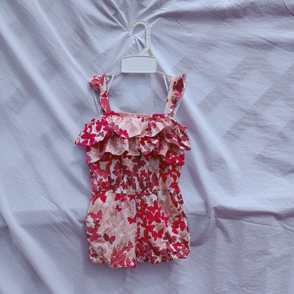 Little kids pink butterfly ruffle romper with pockets sleeveless baby girl cute